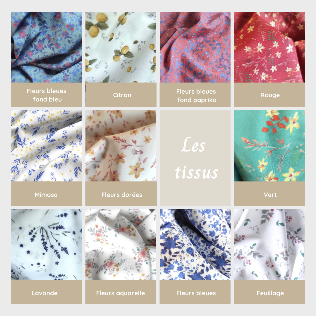 Choix entre 11 motifs dessinés par Fanny Agustin imprimés localement sur tissu microfibre.