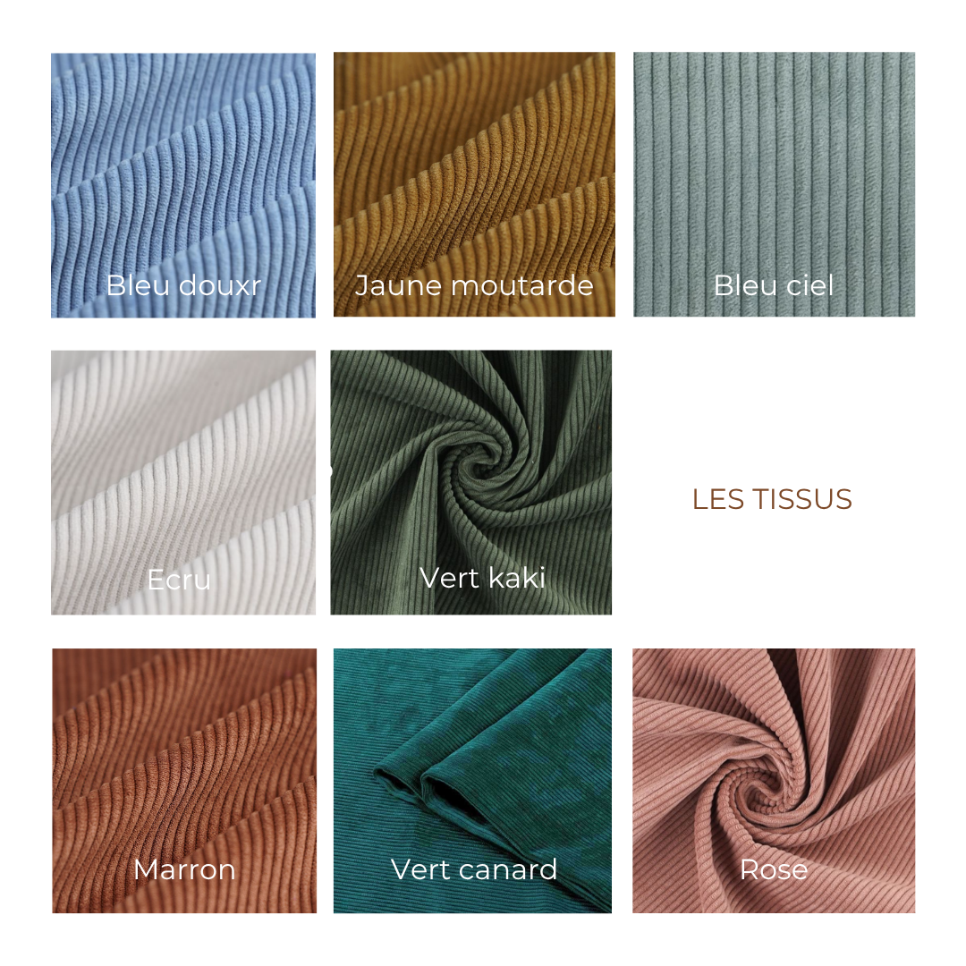 Différentes couleurs proposées, vert kaki, rose, vert canard, jaune moutarde, marron, écru ou bleu ciel ou bleu doux