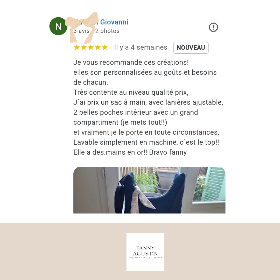 Avis 5 étoile  google d'une cliente ayant acheté un sac en jean avec ruban satin fleurs aquarelle.