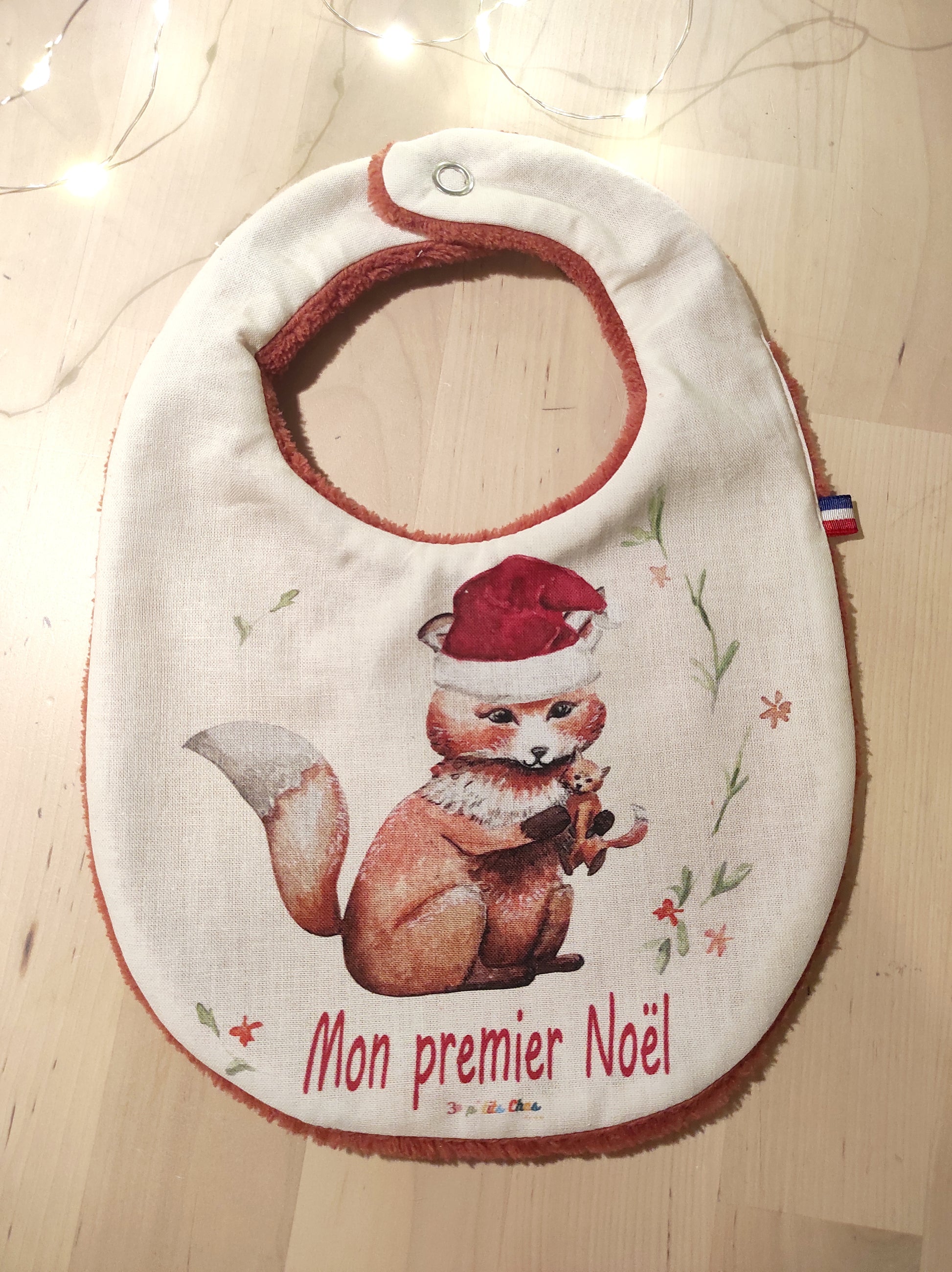 Bavoir mon premier noel avec renard et bonnet de noel.