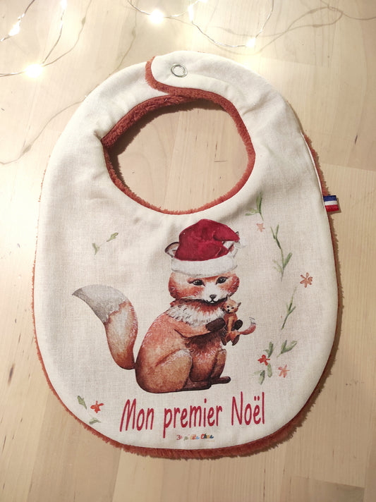 Bavoir mon premier noel avec renard et bonnet de noel.