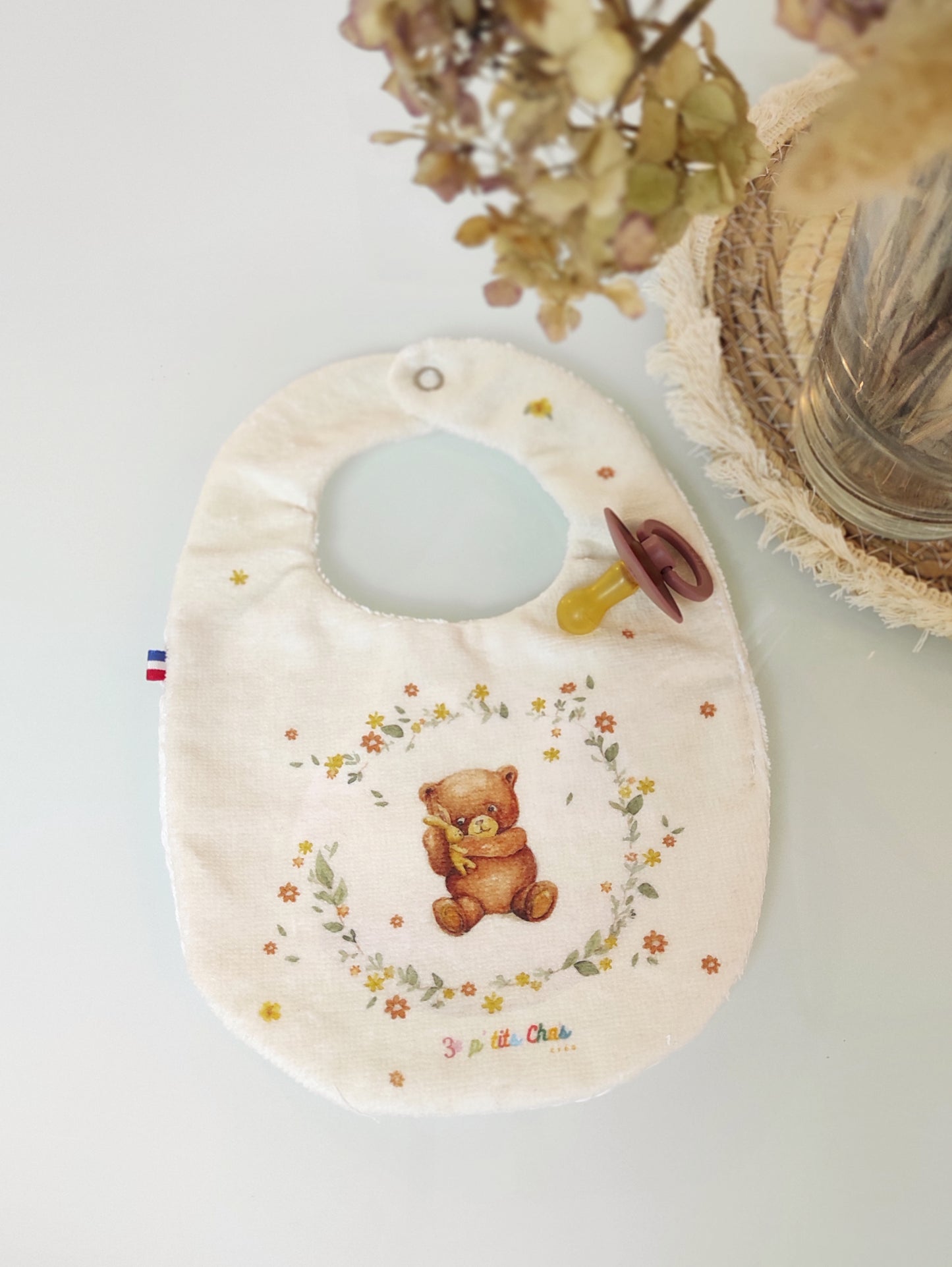 bavoir ourson écru- Bavoir personnalisé et réversible