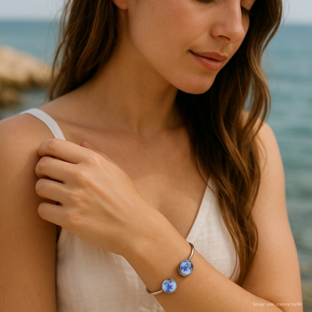 bracelet fleurs bleues et acier inoxydable- création motif Fanny Agustin