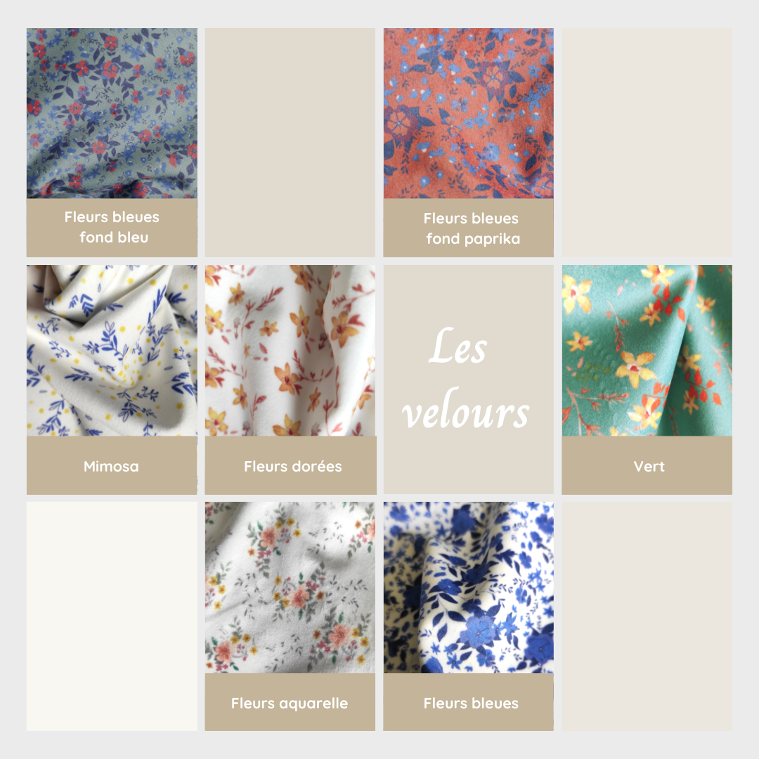 Les différents velours pour la personnalisation de la pochette. Tous les motifs sont dessinés par Fanny Agustin et imprimés localement sur velours dans le Sud de la France.