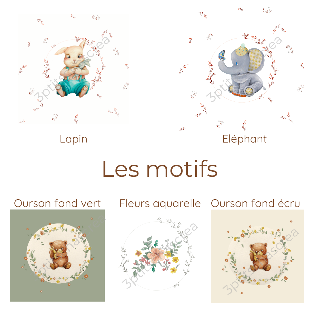 Motifs dessinés par Fanny Agustin , motif éléphant, lapin ourson et fleurs impression locale édition limitée.