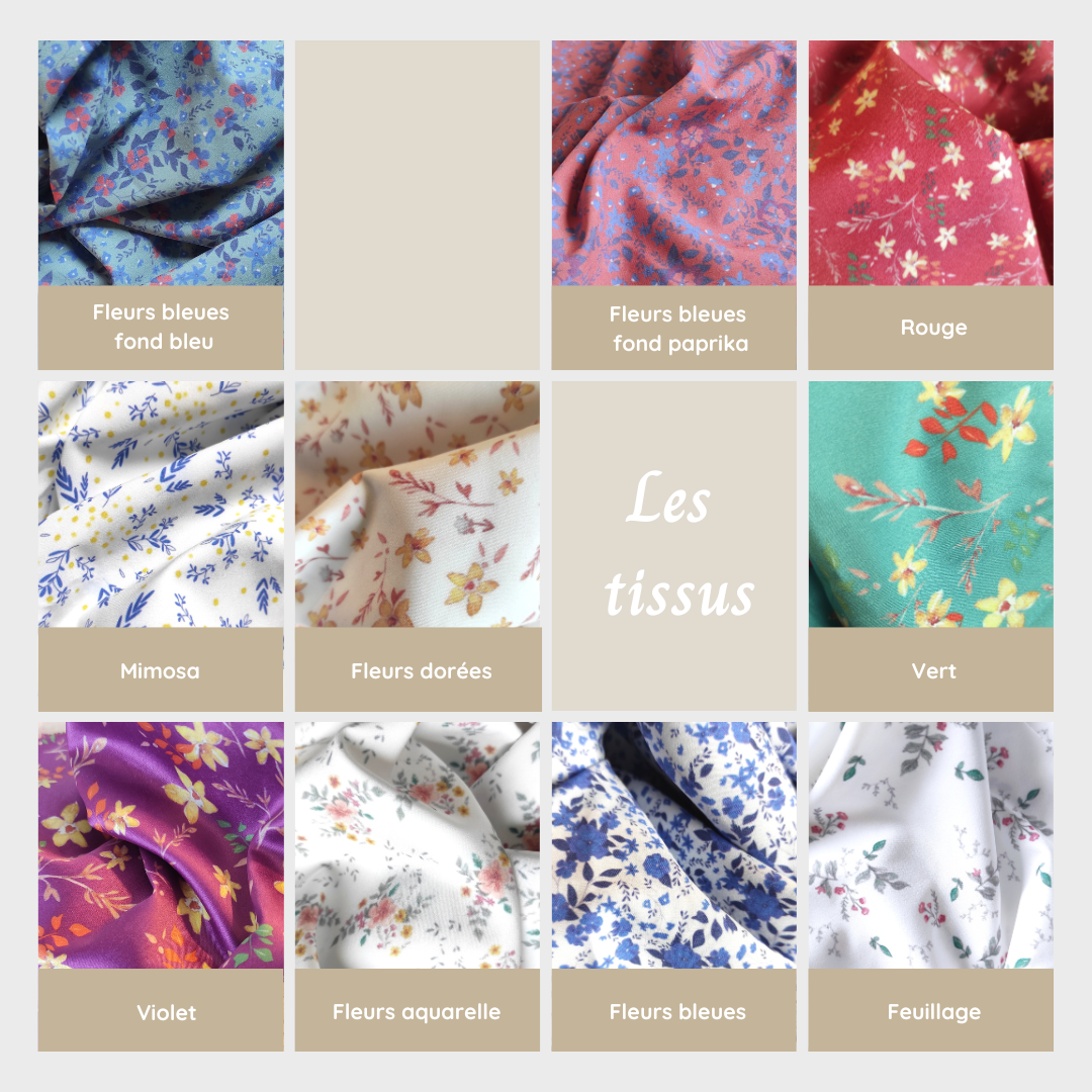Choix entre 10 motifs de tissu fleuris dessinés par Fanny Agustin. Voici les motifs: fleurs bleues fond bleu, avec quelques touches de rouge paprika. Motif fleurs bleues fond paprika, le fond est paprika avec des fleurs bleues et quelques touches de blanc. Rouge, les fleurs sont petites et dorées, avec des feuilles marrons et vertes. Mimosa, feuillage bleu avec des points jaunes sur fond blanc. Fleurs dorées, les fleurs sont jaunes avec du feuillage marron et quelques fleurs blanches sur fond blanc....