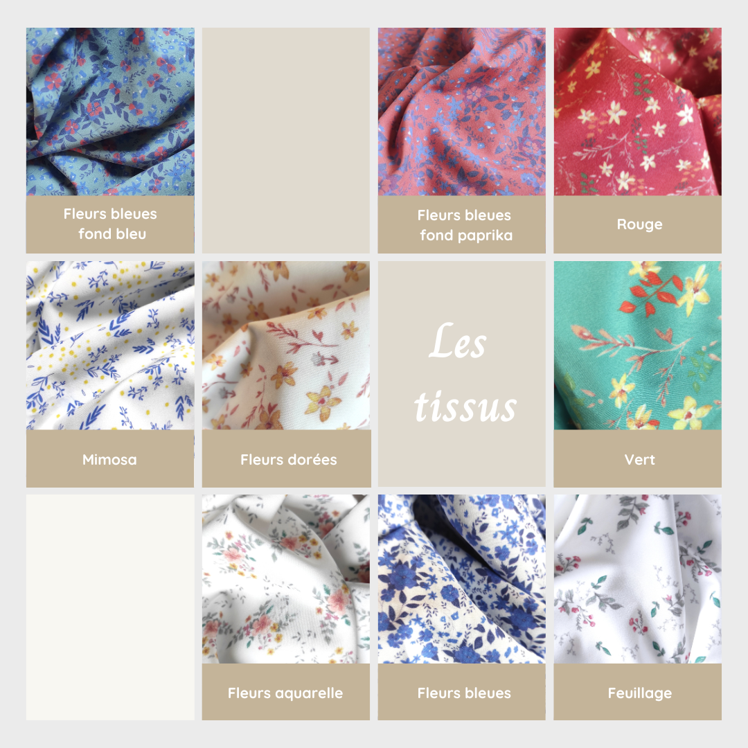 Choix entre 10 motifs fleuris dessinés par Fanny Agustin imprimés localement sur tissu microfibre.