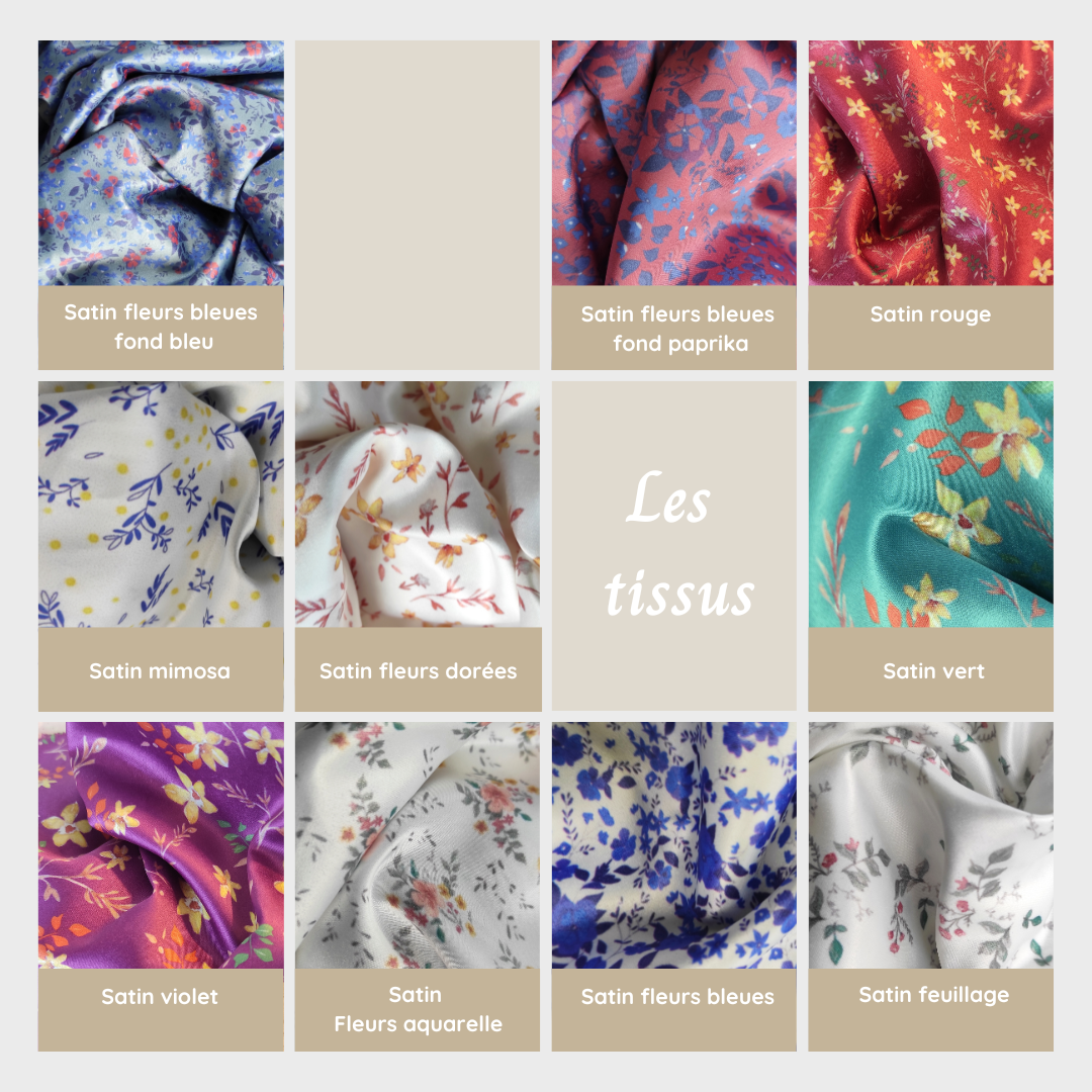 Personnalisez votre motif fleuri dessiné par Fanny Agustin et imprimé localement sur satin. Vous avez le choix entre 10 motifs.