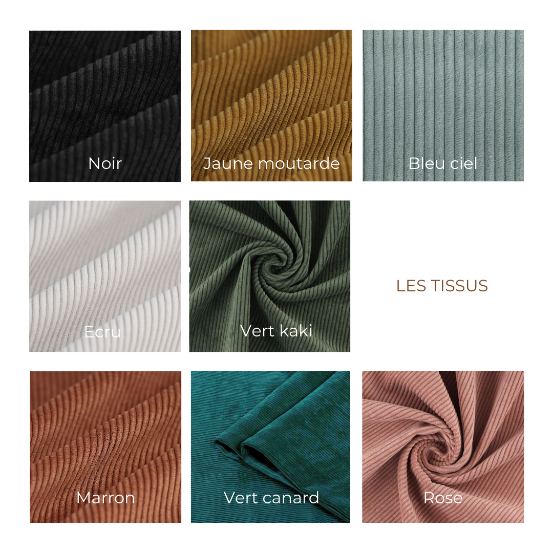 Différentes couleurs proposées, vert kaki, rose, vert canard, jaune moutarde, marron, écru ou vert de gris.