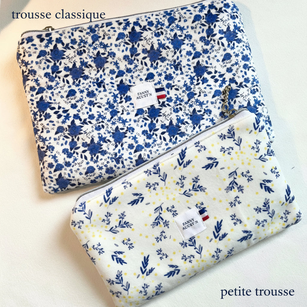 Trousses au motif fleuri dessiné par Fanny Agustin. Fabrication artisnale.