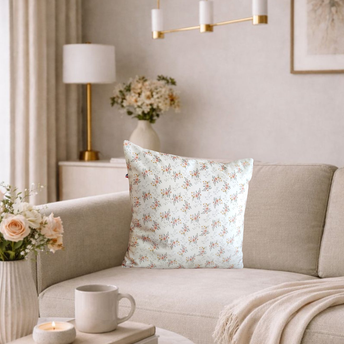 Coussin en velours au motif fleuri dessiné par Fanny Agustin. Les fleurs sont saumonées, quelques touches de jaune et feuilles vertes. Le fond du coussin est blanc. Le coussin est placé dans un salon su un canapé.